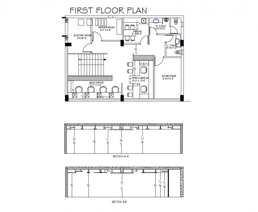 Section and first floor layout plan details of office building dwg file