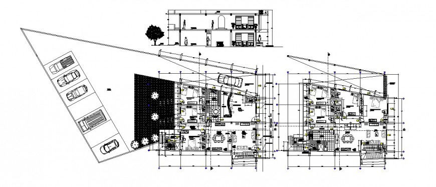 Section and floor plan distribution details of residential bungalow dwg file