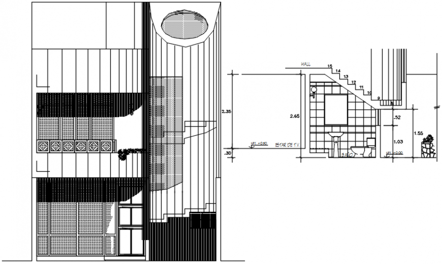 Section and front elevation of housing area in AutoCAD file