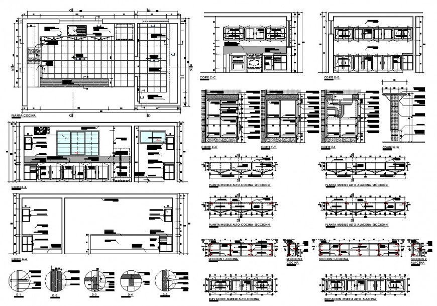 Section and plan detail of kitchen structural layout file in autocad format