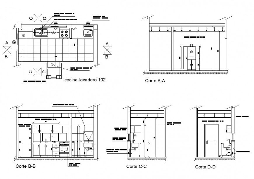 Section and plan detail of kitchen structure detail 2d view layout autocad file