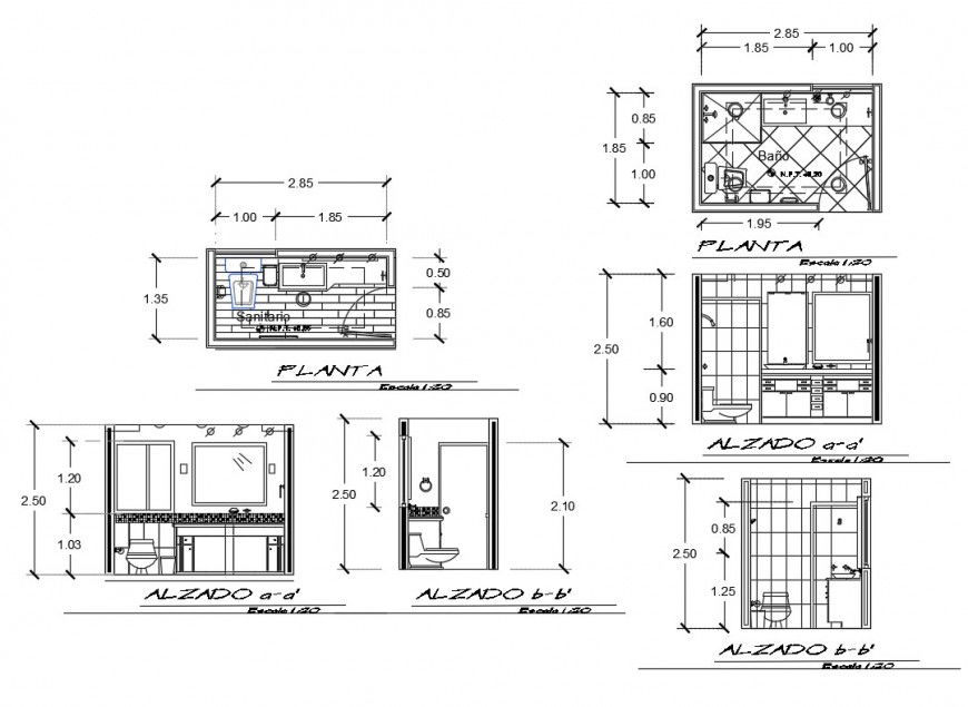 Section and plan detail of sanitary toilet and bathroom 2d view CAD block dwg file