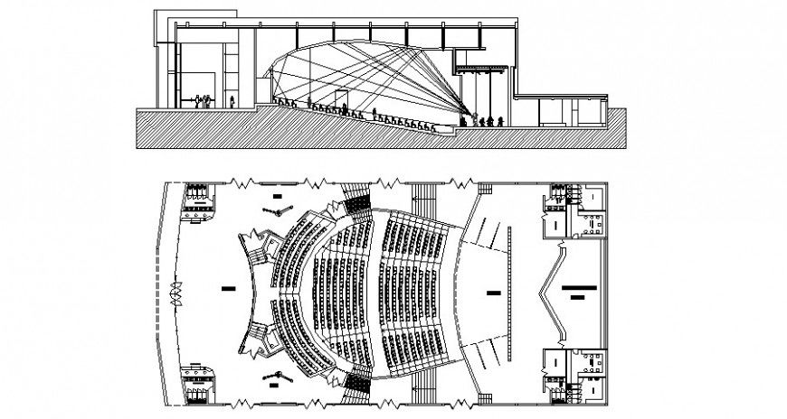 Section and plan of multiplex theater building 2d view autocad file