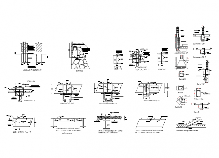 Section and plan of the column with stair detail dwg file
