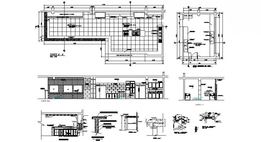 Section and work plan of kitchen area 2d drawing autocad