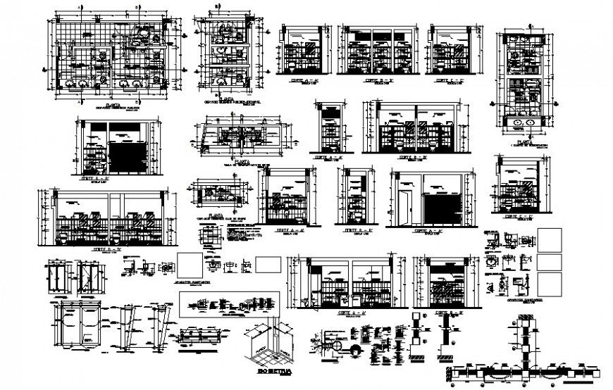 Section and work plan of sanitary public toilet area drawings autocad file