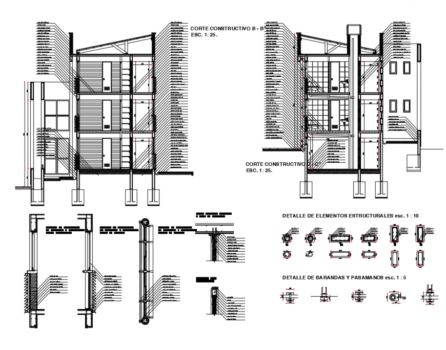 Section constructive details of wooden auditorium building dwg file
