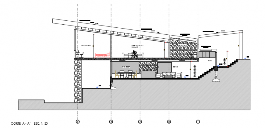 Section design drawing of single family home planning design drawing.