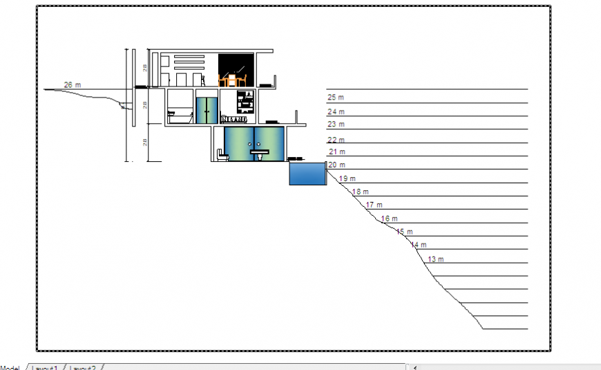 Section design drawing of beach house on slope design drawing