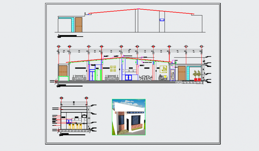 Section design drawing of unique type plot area residence design drawing