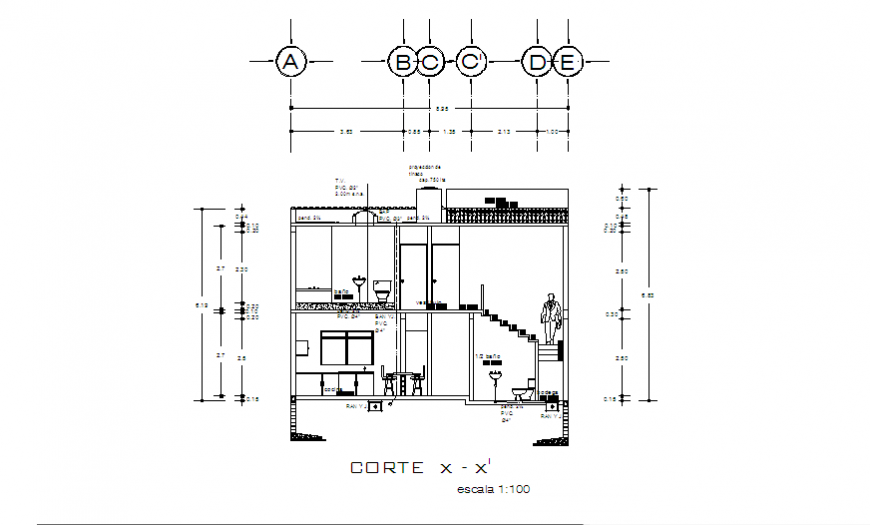 Section design of Small house 2 floors project design drawing