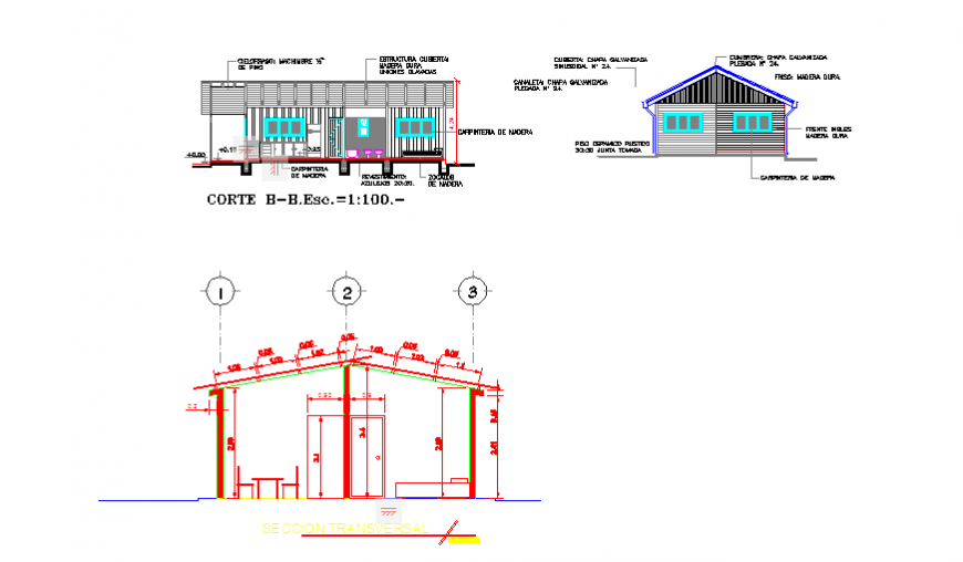 Section design of Duplex type country house design drawing