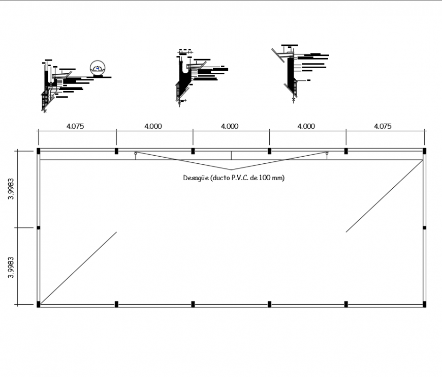 Section details of pluvial drainage in roof constructive details dwg file