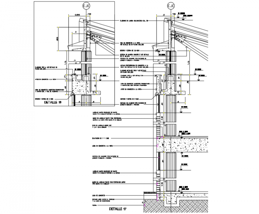 Section details of roof light and wall of building dwg file