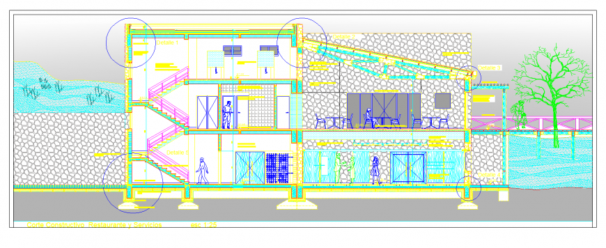 Section drawing of restaurant in dwg file.