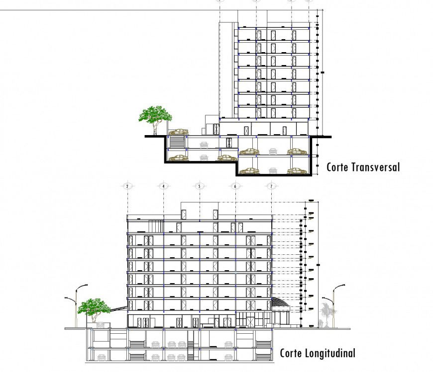 Section high rise building plan autocad