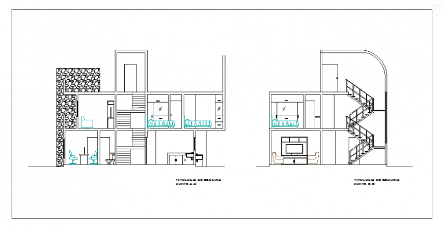 Section of Architectural Housing in curved terrain design drawing