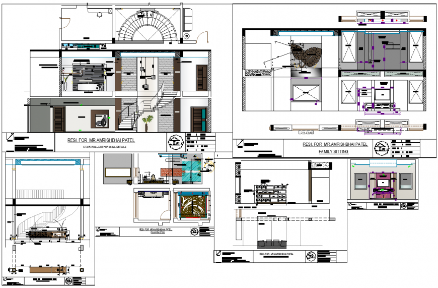 Section of the bungalow with interior drawing in dwg file.