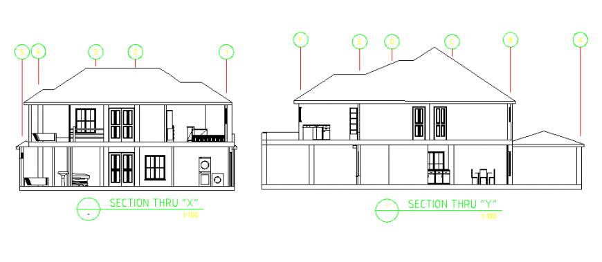 Section of two storey residential building design drawing
