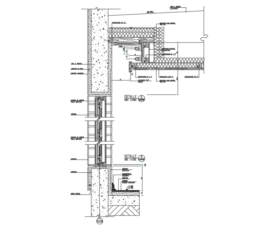 Section of wooden window and suspended ceiling of bridle joint wood with louver dwg file