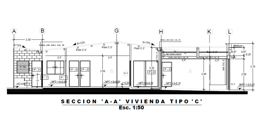Section plan design drawing of villa design
