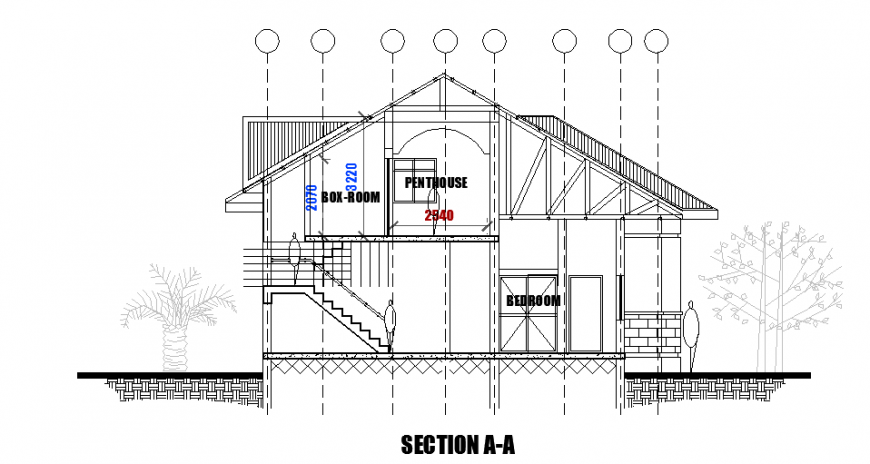 Section plan design of residential Pent house design drawing