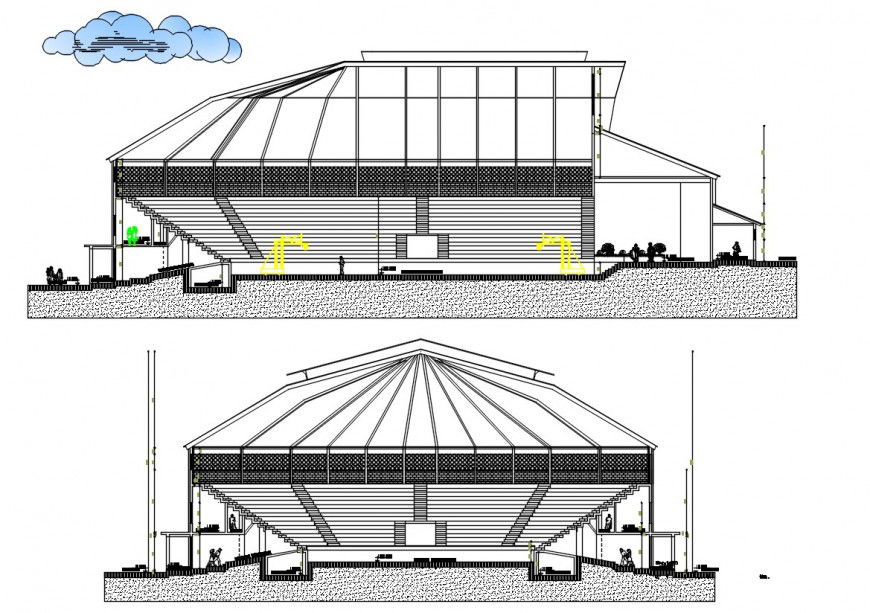 section plan of stadium project detail cad file