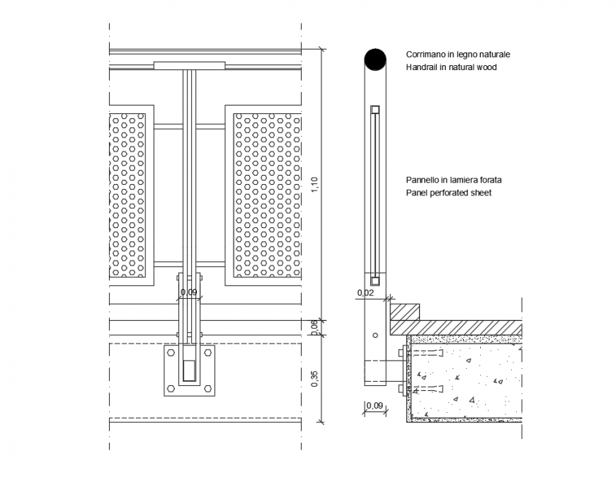 Section railing parapet detail structure window details dwg file