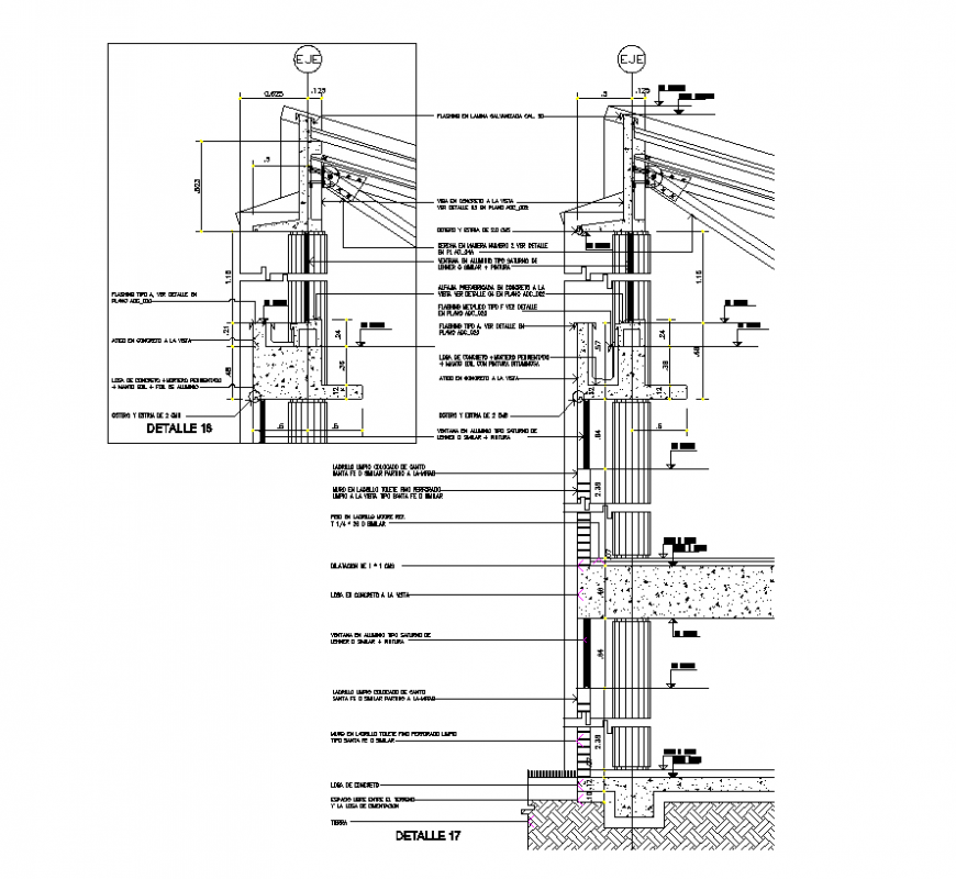 Section roof light and wall detail 2d view layout file