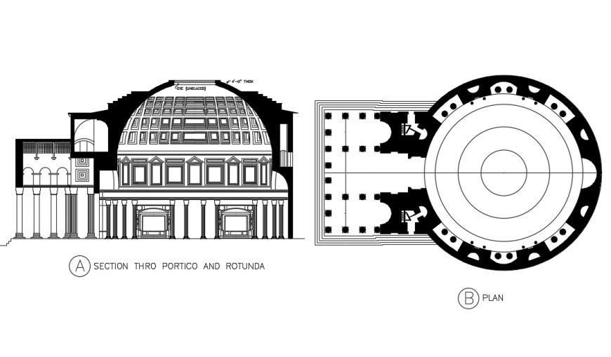 Section thro portico and rotunda detail & plan design
