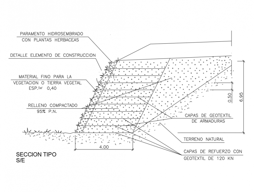 Section type green wall construction details of garden dwg file
