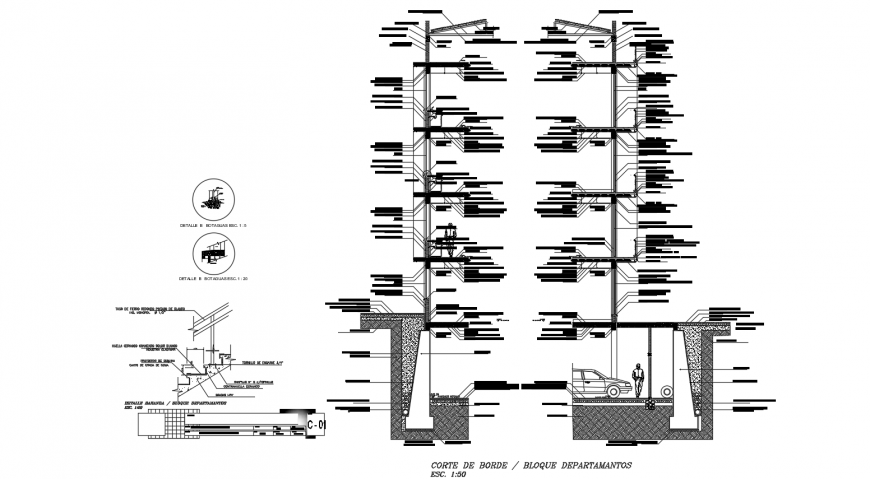 Section view of block department design with stair detail and construction view dwg file
