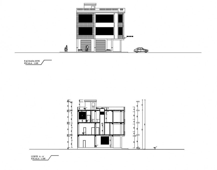 Section view with different axis of house in auto cad file