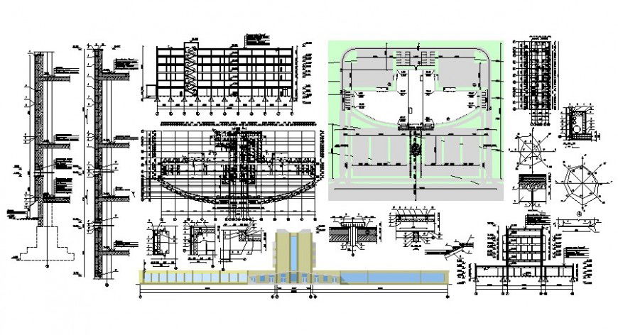 Section work plan and elevation of commercial building units 2d view dwg file