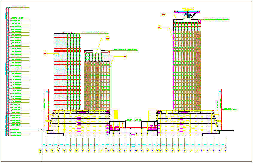 sectional elevation view of corporate building with floor view dwg file