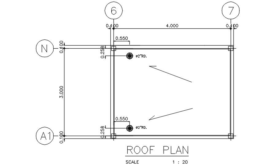 Sectional Roof Plan of Toilet DWG Drawing with Dimensions
