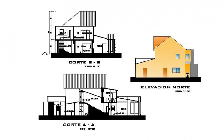 Sectional and elevation detail of architectural detail of residential area dwg file