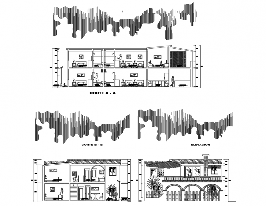 Sectional and elevation view of hotel in auto cad software