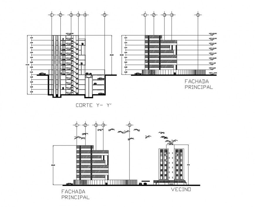 Sectional and elevation view of office in auto cad software