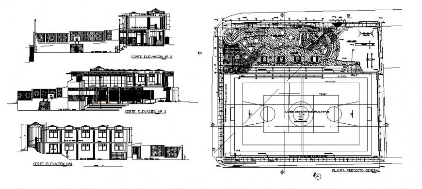 Sports playground plan with sectional details DWG in AutoCAD layout