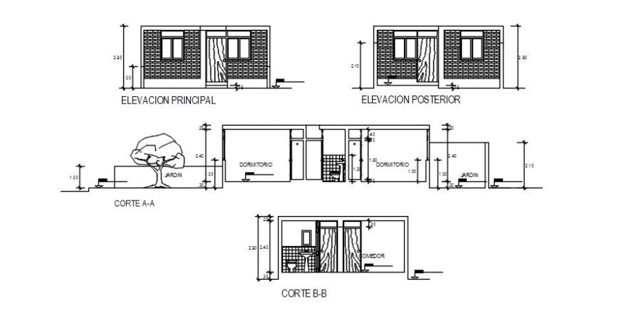 Sectional B-B elevation for house in auto cad