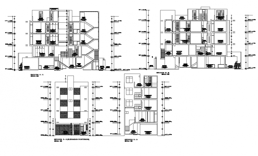 Sectional detail and elevation detail of a building drawing dwg file