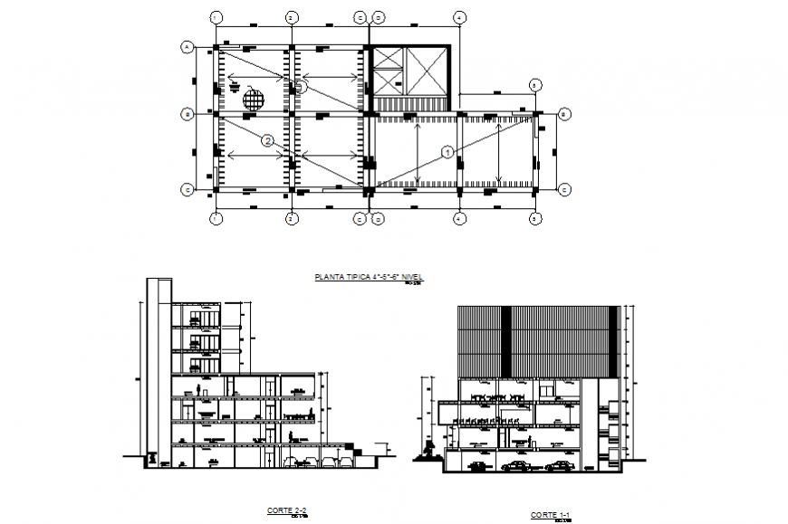 Sectional detail and elevation of a building dwg file