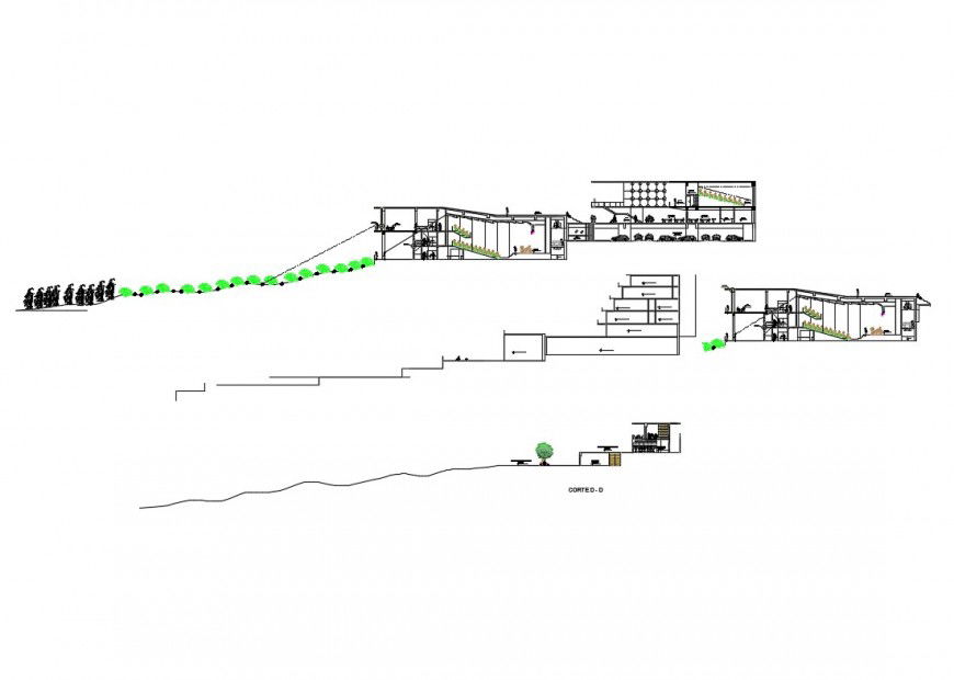 Sectional detail auditorium building 2d view layout file in autocad format