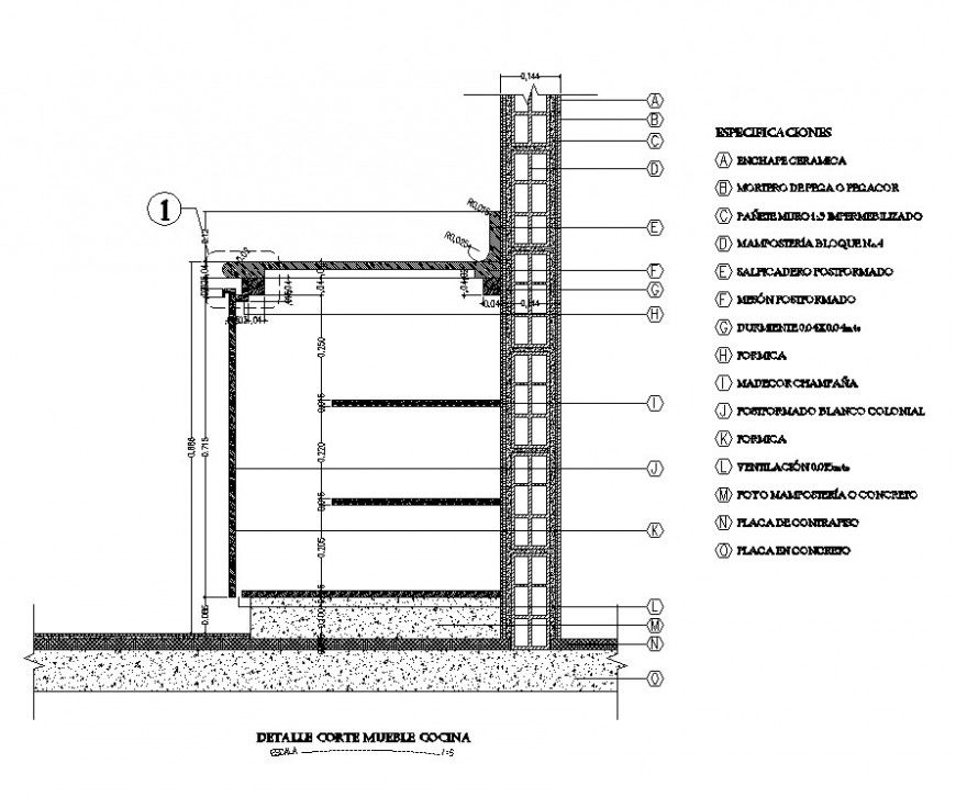 Sectional detail of a construction unit 2d view layout file in autocad format