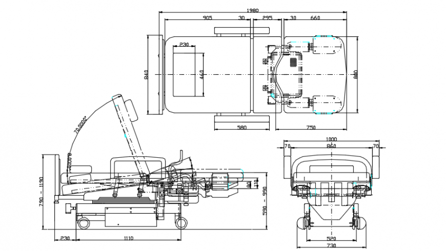 Sectional detail of a hospial bed and top view 2d dwg file