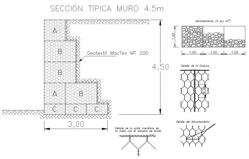 Sectional detail of geo-textile units 2d view autocad file