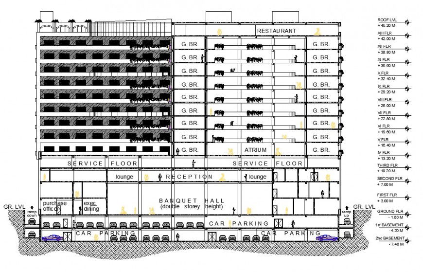 Sectional detail of high rise building block layout file in autocad format