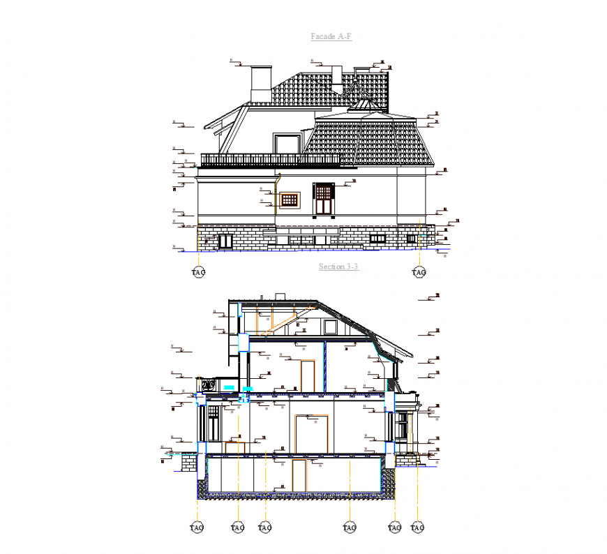 Sectional detail of historic villa architecture design dwg file
