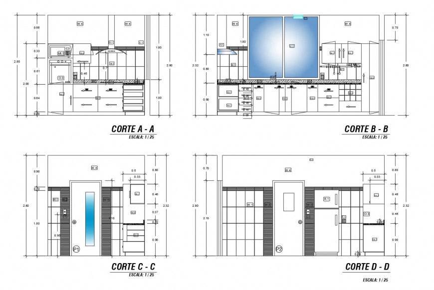 Sectional detail of kitchen and appliances 2d view autocad file